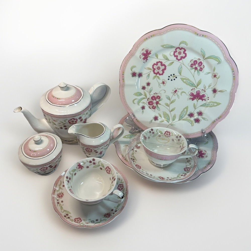 Grace Teaware Pink Floral Tea Set 11pc Teapot Sugar Creamer Trios New In Wrapper